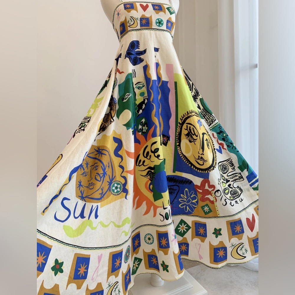Soleil Full Skirt LINEN Sundress, Mixed Media Luxury Print - Picture 9 of 12